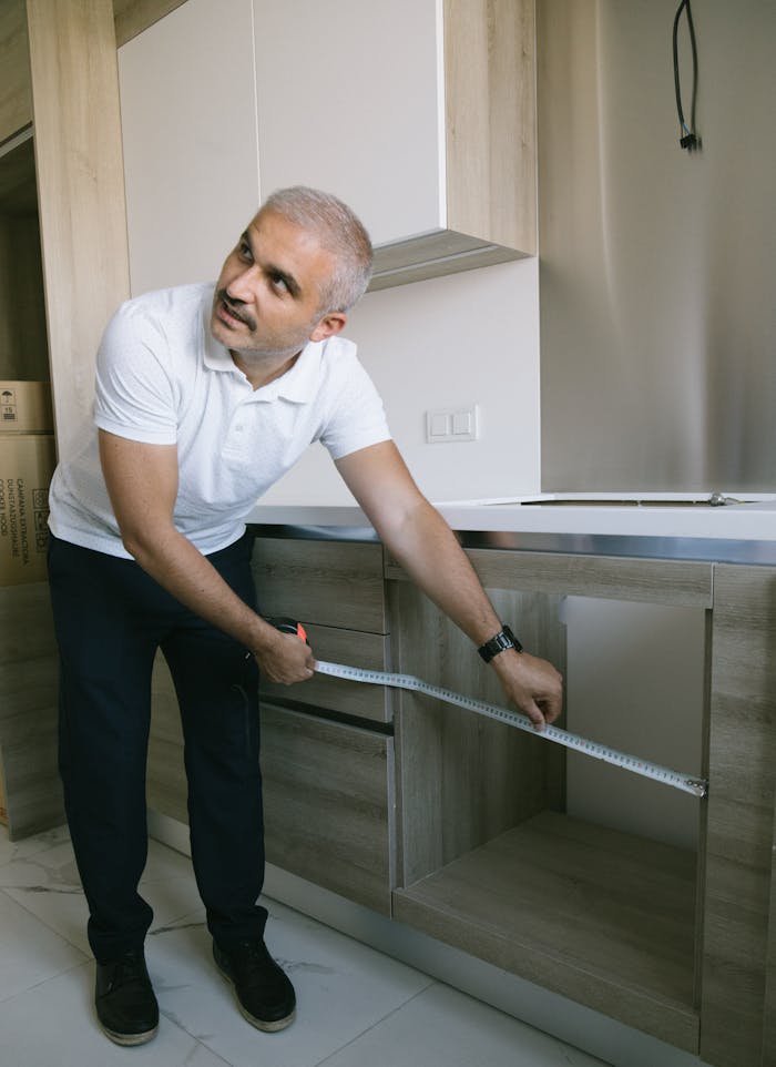 A man using a measuring tape to measure kitchen cabinets in a modern Istanbul apartment.